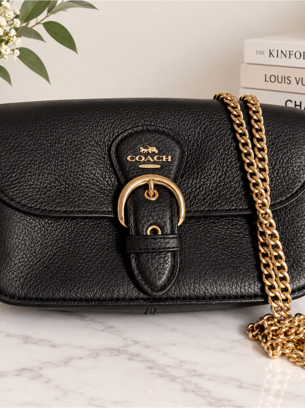 Coach Black Pebble Leather mini Crossbody with Gold Chain